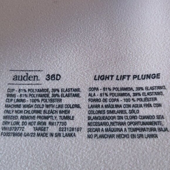 AUDEN BEIGE LIGHT LIFT PLUNGE BRA- SIZE 36 D - Picture 5 of 8